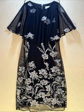J.Taylor Black Mesh Dress with Silver Floral Embroidery Overlay